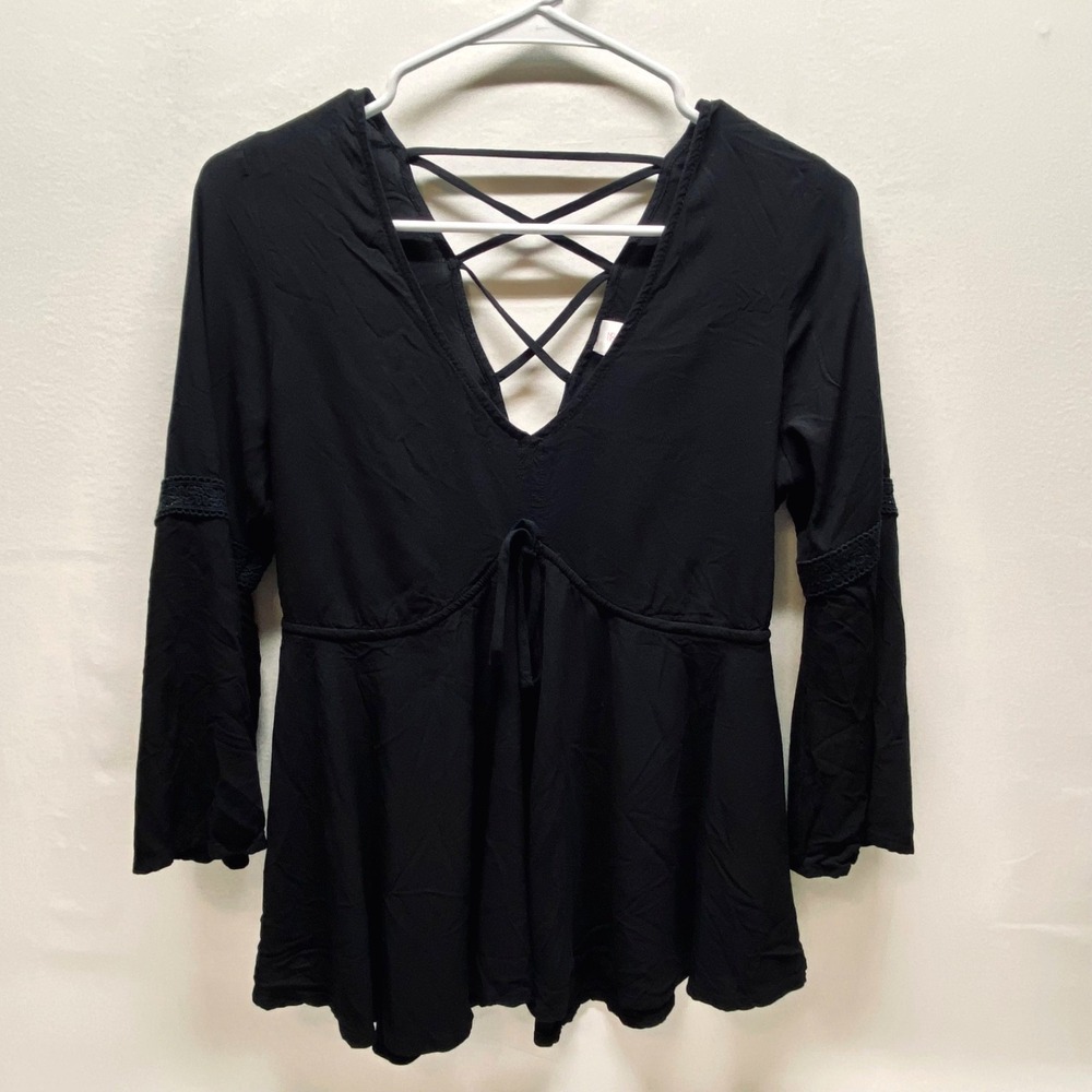 No Boundaries Pheasant‎ Blouse Women's Medium Black Open Corset Back 3/4 Sleeve